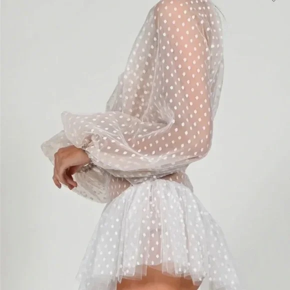 NWT The Dolls House Polka Dot Sheer Sleeve Bodysuit - Tan and White - Picture 4 of 12